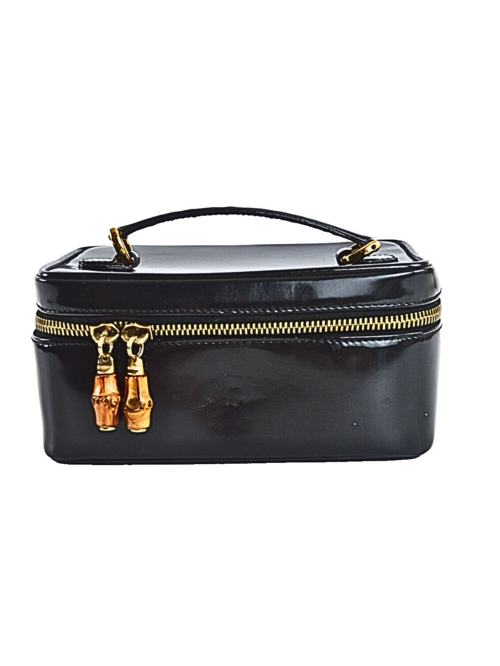 Gucci Vanity Case Bag Glossy Leather Bamboo Zipper Pulls